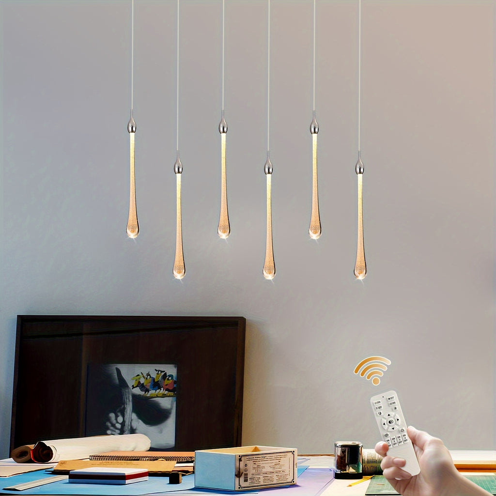 Qcyuui 6-light modern crystal teardrop pendant light - dimmable RGB-like color temperature (3000K-6000K) LED pendant light, with remote control, adjustable height and semi-flush mount installation, polished chrome finish