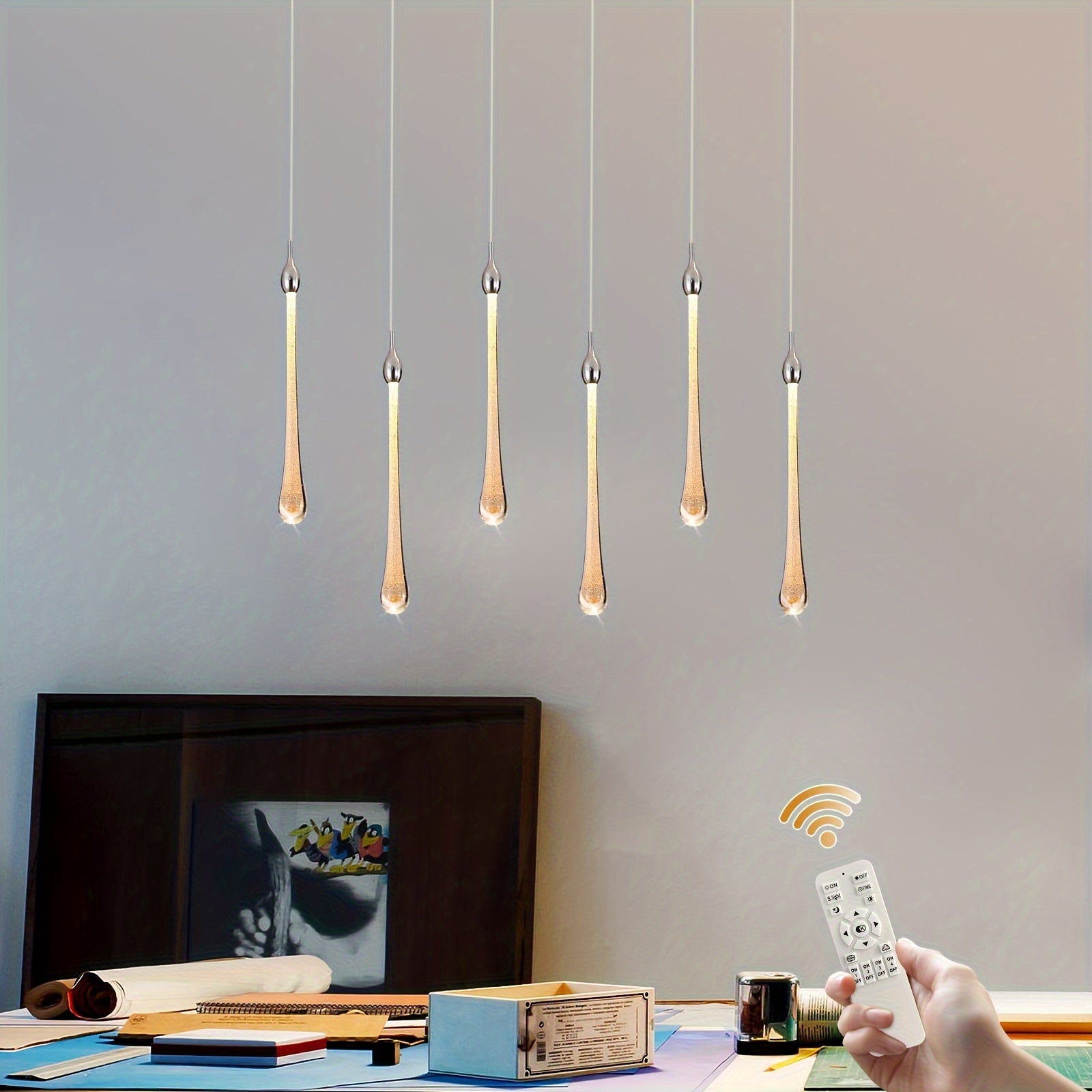 Qcyuui 6-light modern crystal teardrop pendant light - dimmable RGB-like color temperature (3000K-6000K) LED pendant light, with remote control, adjustable height and semi-flush mount installation, polished chrome finish