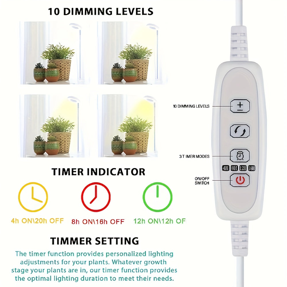 Full Spectrum 48-LED Energy-Saving Plant Grow Light, 5 Adjustable Brightness Levels, 4/8/12/18H Auto Timer, Retractable Pole (Approx. 7 to 17.6 Inches), Freely Height Adjustable & Easy Storag