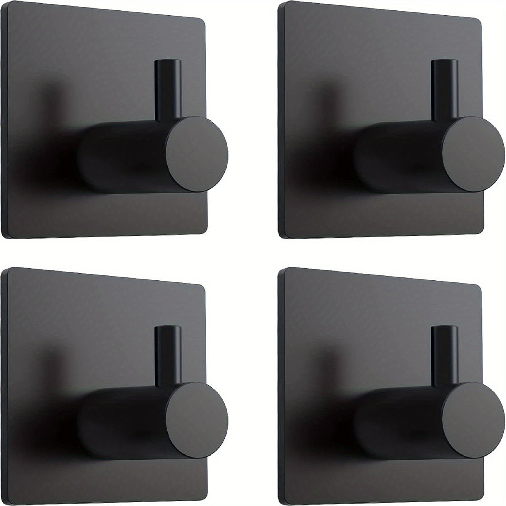 4 Pack Heavy Duty Adhesive Hooks - Towel Hooks, Stick-on Wall Hooks, Waterproof Stainless Steel for Bathroom, Kitchen & Home - Black & Silver