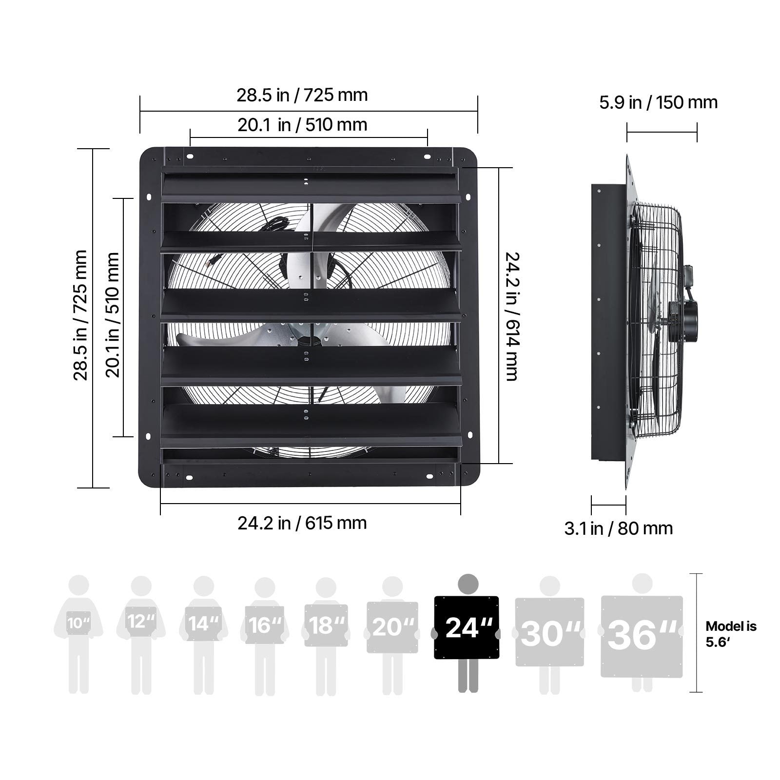 VEVOR 10/12/14/20/24 Inch Window Shutter Exhaust Fan, Wall Mounted Attic Vent Fan with Variable Speed Controller, AC Motor, Heavy Gauge Steel, Low Noise, Black, Ideal for Shed Garage Greenhouse Ventilation Cooling