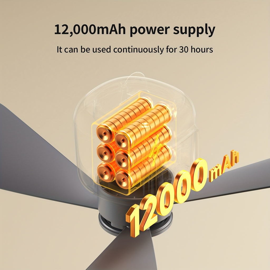 Portable Outdoor Camping Ceiling Fan with Remote, 3 Blades, 12000mAh Rechargeable Battery, USB Charging, Hook Design, Ideal for Tent Camping Emergency Use (Gray)