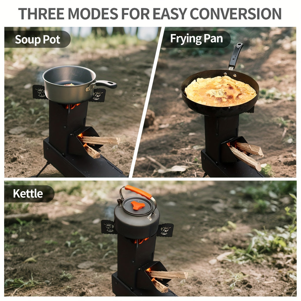 Portable Folding Wood Stove, Designed for Outdoor Cooking, Picnic, BBQ, Hunting & Fishing, Cast Steel Construction with Carrying Bag