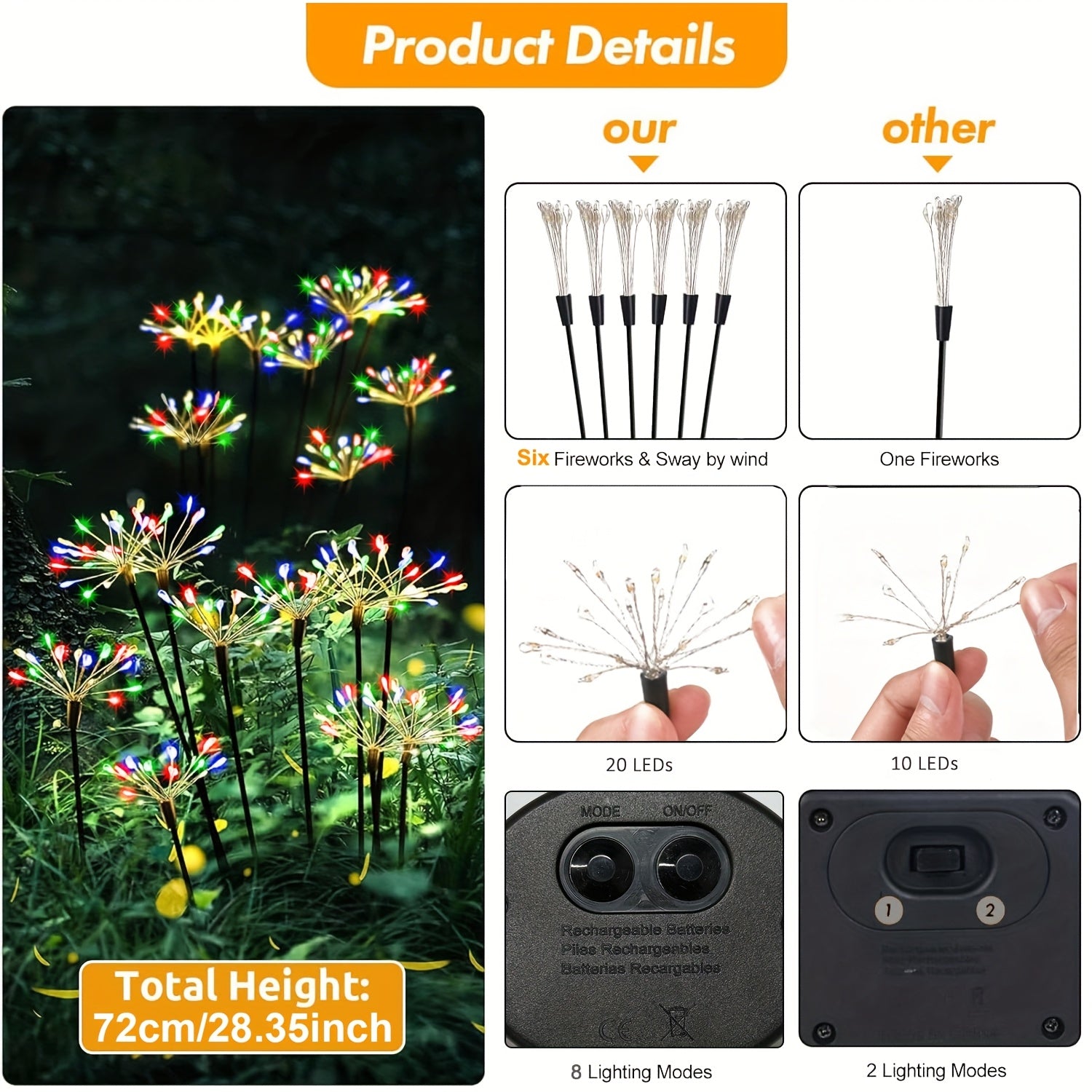 1/2 Piece Colorful 120LED Solar Fireworks Light Outdoor Courtyard Decoration, 8-Mode Sunset Dawn Light Garden Path Light, Solar Starburst Light Suitable for Patio Balcony Decoration