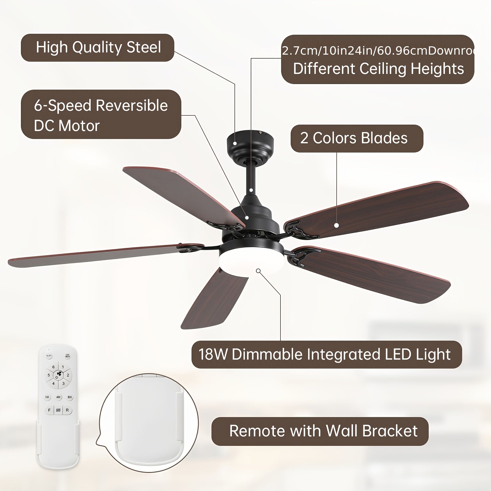 Sofucor 42/52 Inch Remote Ceiling Fan with Light, 6 Wind Speed 3 Color 3 Timer Settings, Low Profile Flush Mount Fan Light, Quiet Reversible DC Motor, Dual Color Blades, Includes 3 Downrods for High Ceilings