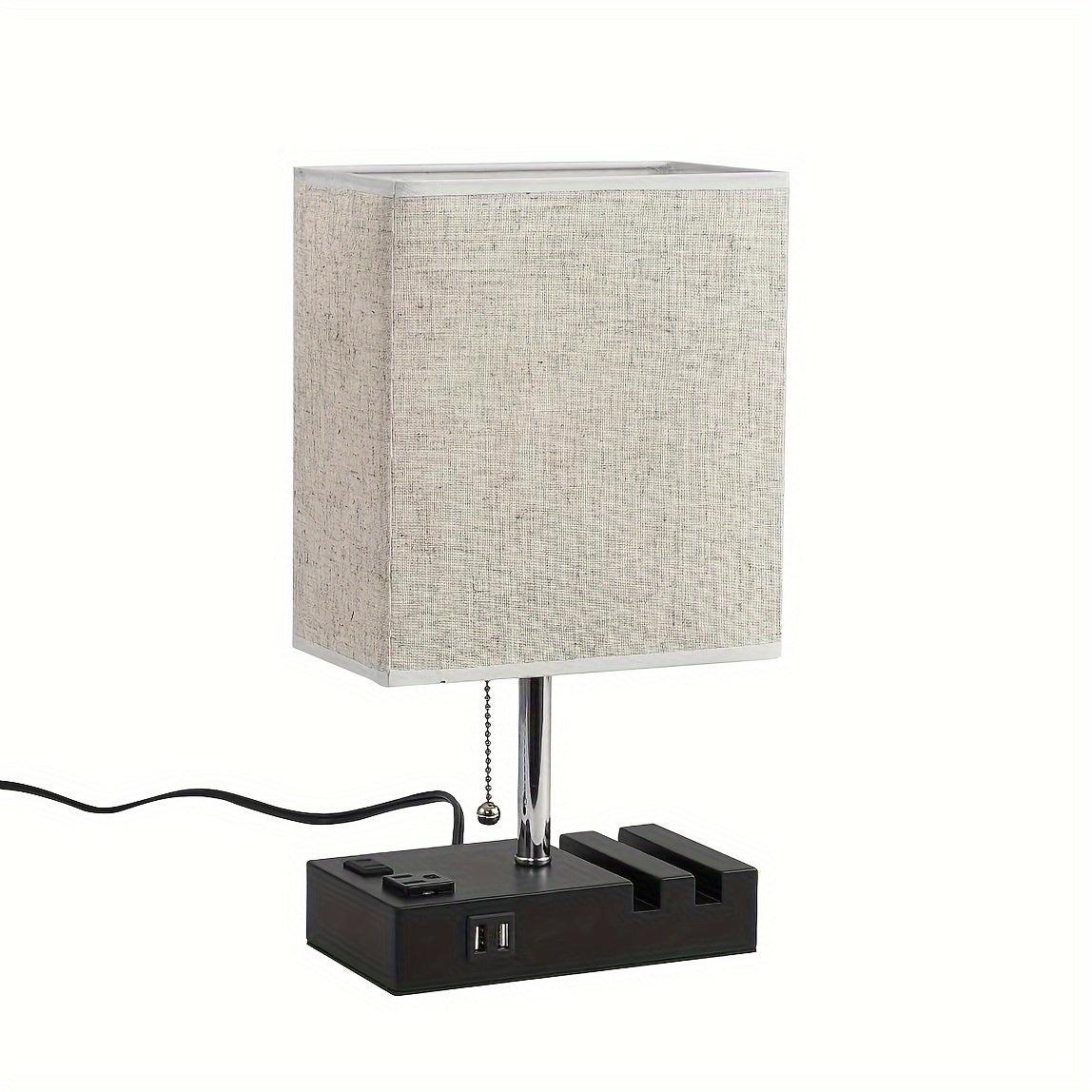 Large fabric table lamp, US standard, dual USB with AC 3-pin and 2-pin plug, with phone stand, with 3-color bulb
