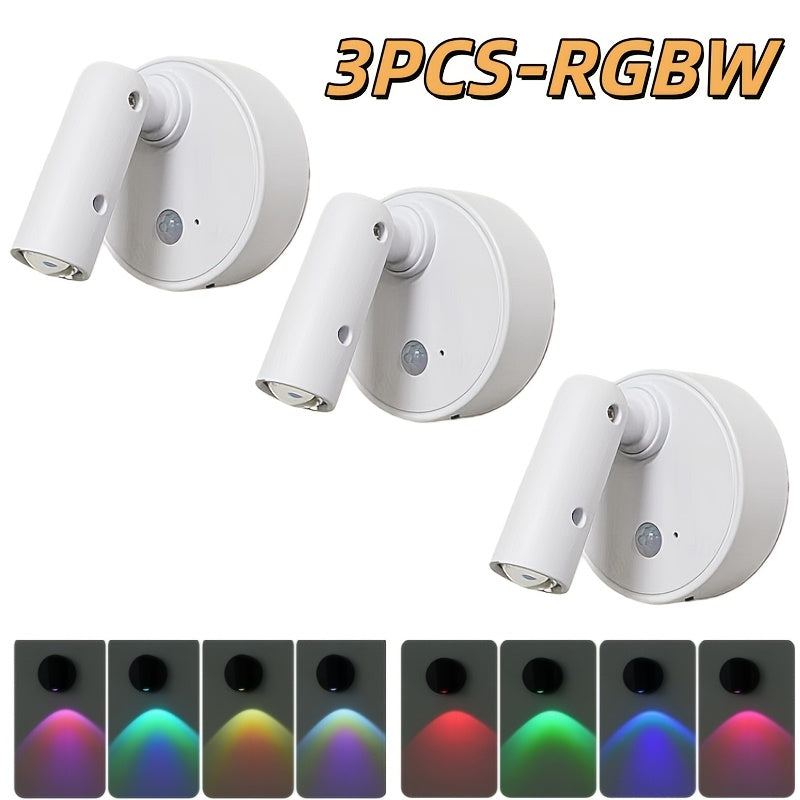 Modern style round sensor wall light, ambiance spotlight, LED wall light set (3-pack) - 350-degree rotatable indoor lighting lamp, three-color dimmable + RGBW multiple colors, Type-C charging + large capacity battery