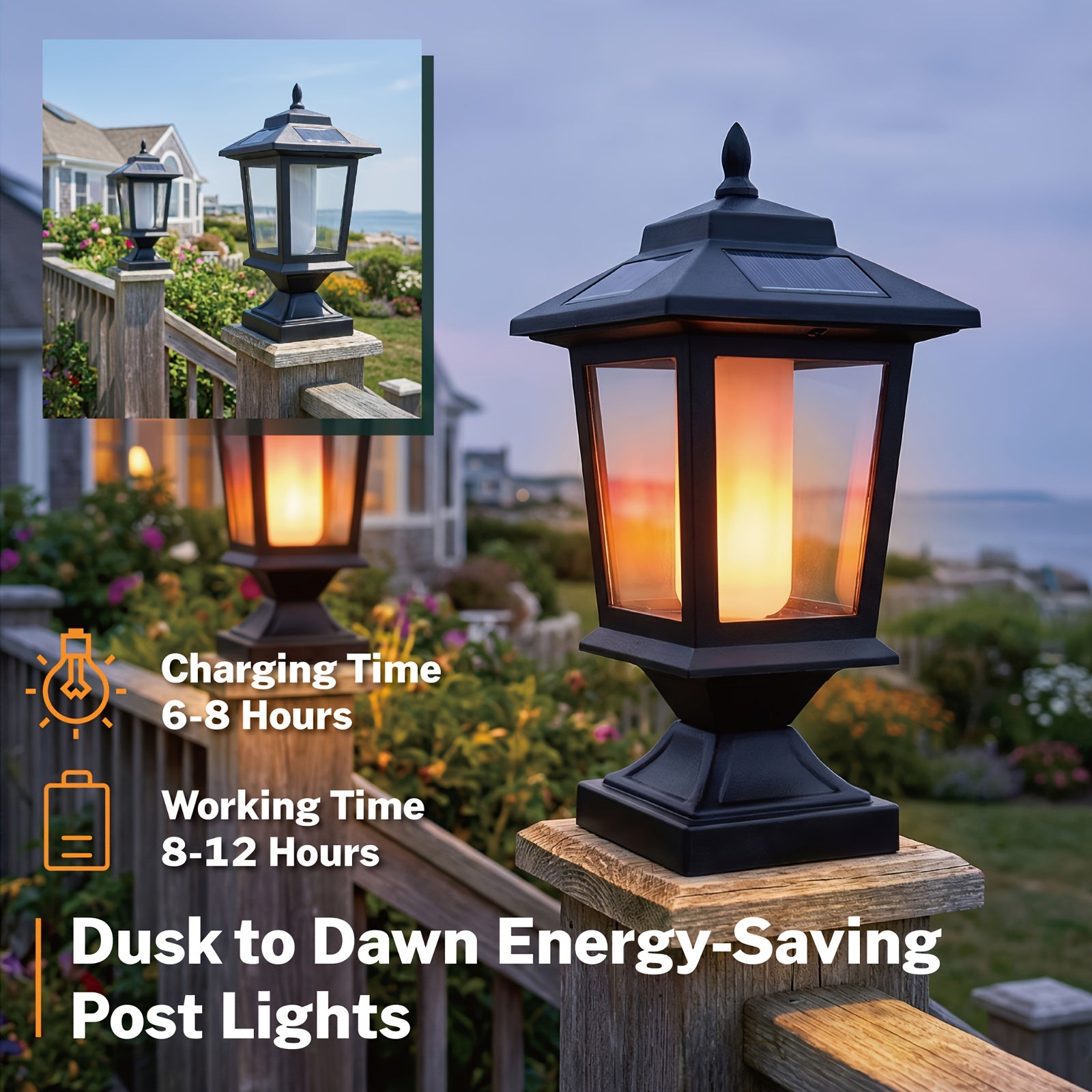 2-Pack Solar Lamp Post, Automatic Dusk to Dawn Waterproof Solar Outdoor Light Cover, Suitable for 4x4 Wood Post, Solar Light with Glass Shade, for Deck Fence Patio Post Decoration, Matte Black