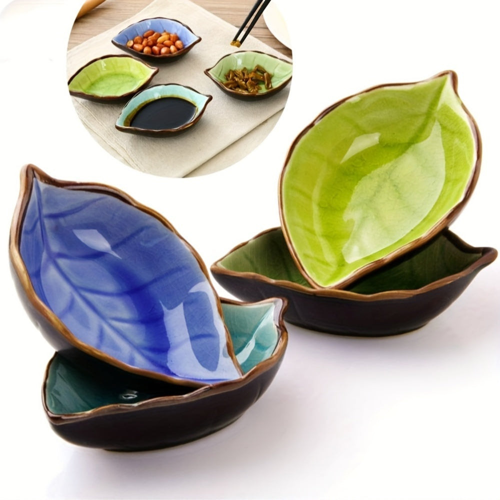 4-Piece Set Ceramic Leaf-Shaped Small Sauce Dish, Leaf Pattern Ice Crackle Glaze Dip Dish, Multi-Purpose Tableware, Perfect Choice for Home Kitchen & Restaurant Use