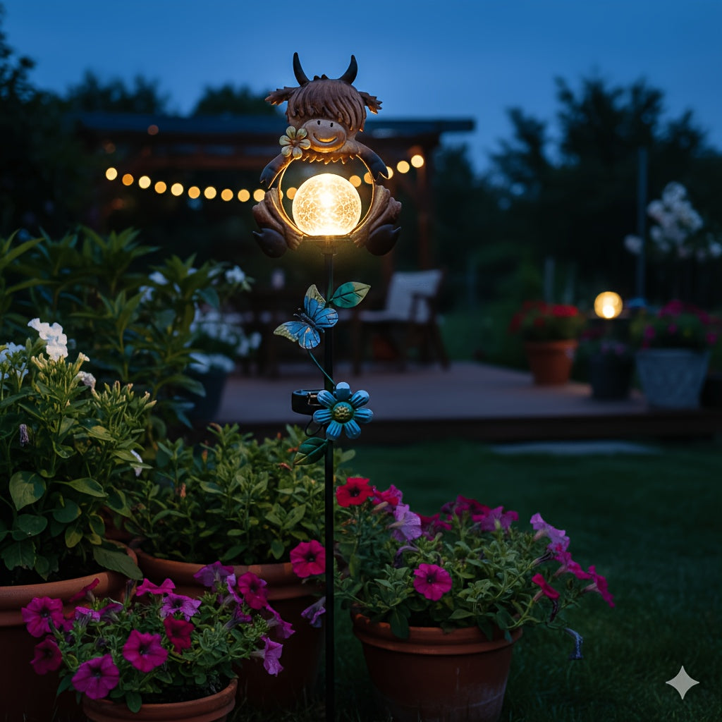1 Highland Cow Solar Garden Ground Insert Light, LED Small Path Light, with Cracked Glass Ball and Butterfly Decoration, Whimsical Farmhouse Courtyard Art, Suitable for Outdoor Patio Lawn Walkway Decoration