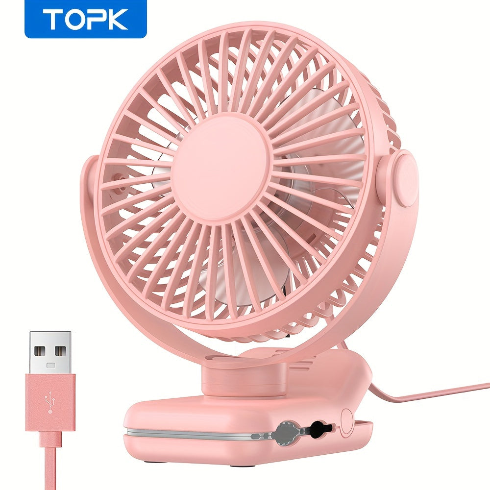 TOPK USB夹式桌面风扇，无刷电机低噪运行强劲气流，强力夹具确保牢固固定，时尚设计便携降温，高品质构造便携迷你个人风扇，适用于卧室与办公室