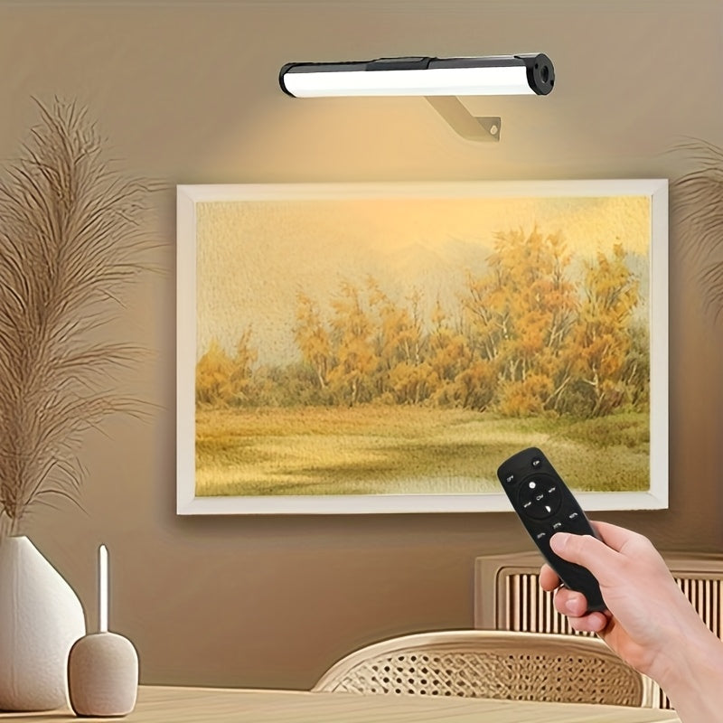 Battery-powered picture frame light, wireless magnetic wall light - 3-color dimmable, touch control and remote control function, timer, USB rechargeable, suitable for art display, bedroom reading night light or camping use (no wiring required)