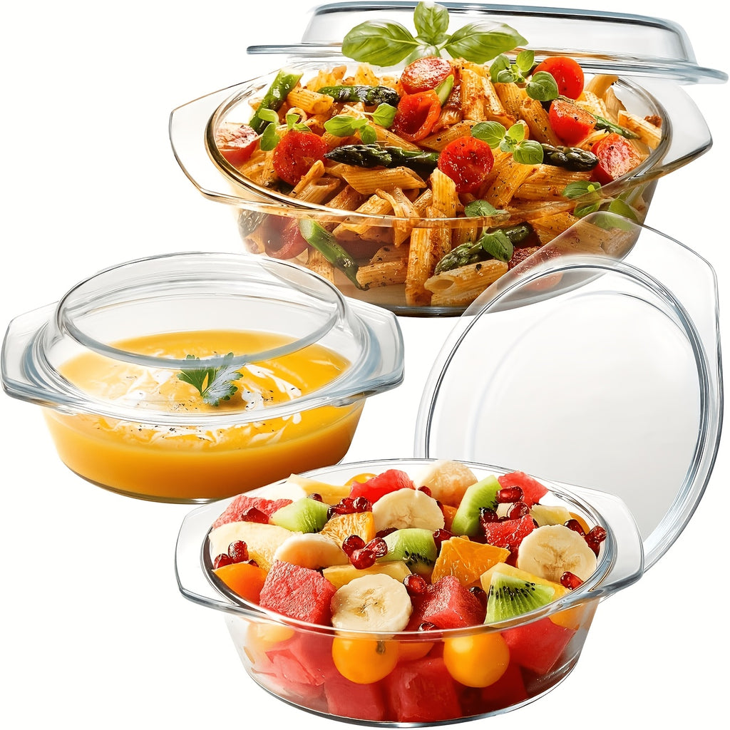 2-Piece Set (Includes 1 Plate & 1 Bowl) Household Transparent Borosilicate Glass Heat-Resistant Crystal Pot with Lid – Microwave-Safe Glass Bowl & Plate for Baking Rice Dishes – Great for Christmas, Valentine‘s Day, Halloween, Easter