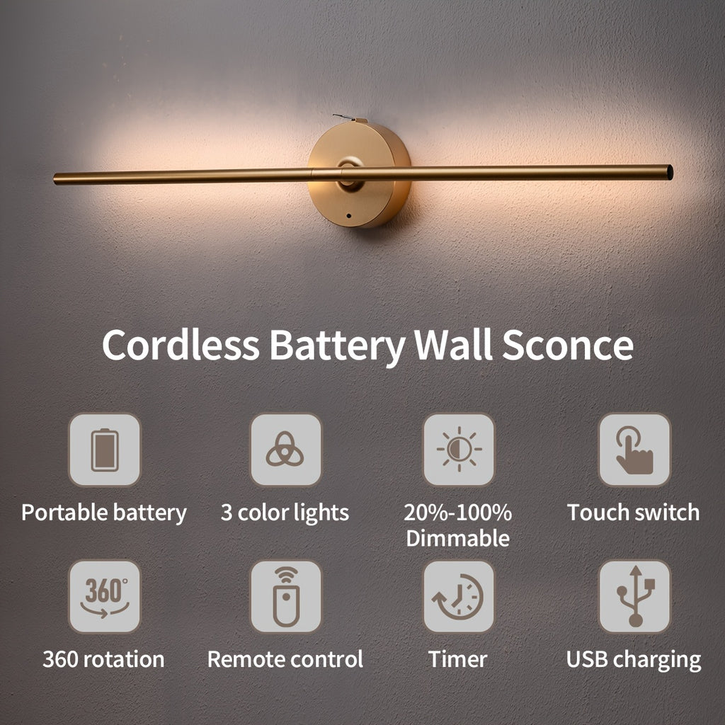 No-Disassembly Wall Light / 360° Rotating Wireless Wall Light, Powered by Removable Rechargeable Battery: 3000K-6000K Multi-Level Brightness, Touch & Remote Control Wall Light / Mirror Light, with Memory Function and Timer
