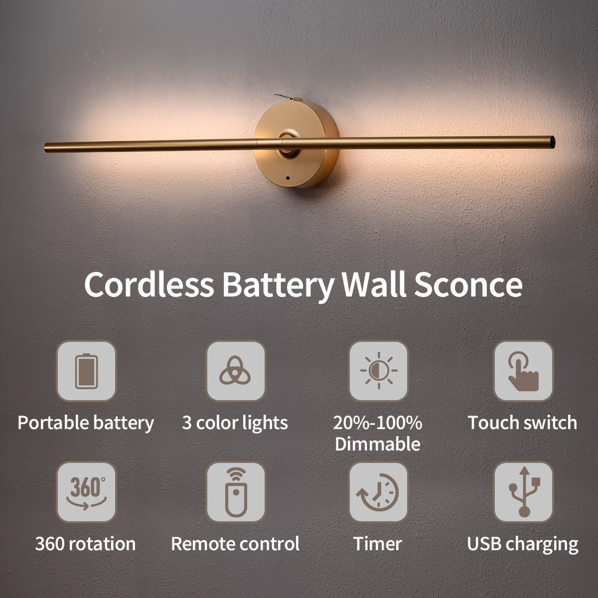 No-Disassembly Wall Light / 360° Rotating Wireless Wall Light, Powered by Removable Rechargeable Battery: 3000K-6000K Multi-Level Brightness, Touch & Remote Control Wall Light / Mirror Light, with Memory Function and Timer