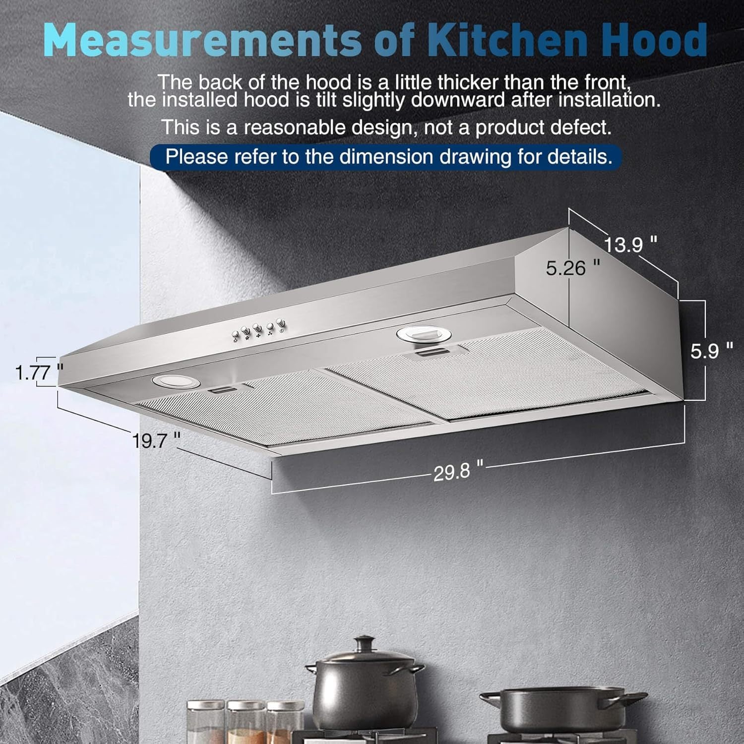 30-Inch Under-Cabinet Range Hood, Silver Stainless Steel Kitchen Vent Hood, 600CFM Stove Exhaust Fan, 3-Speed Fan, 2 Bright LED Lights