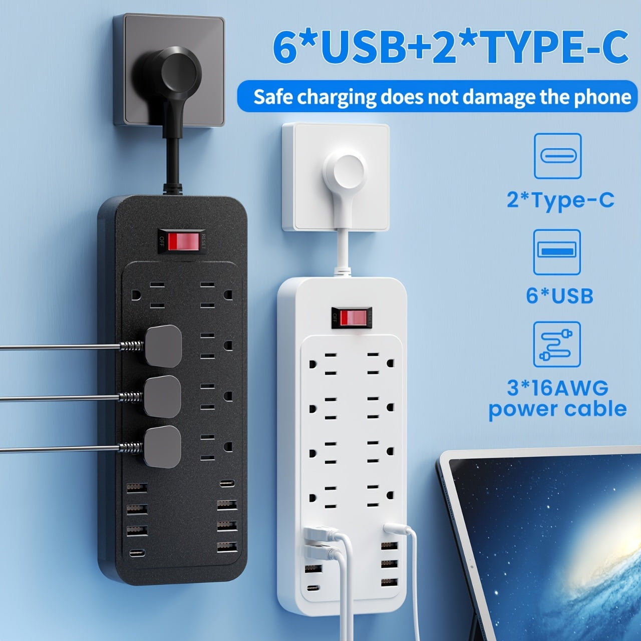 0.26Ft And 5.9Ft 16-In-1 Power Outlet with Surge Protection And Multiple Outlet Extension Cords with 8AC Outlets, 6 USB Ports And 2 Type-C Ports On/Off Control Buttons. Available in Black And White. Ideal for Offices, Kitchens