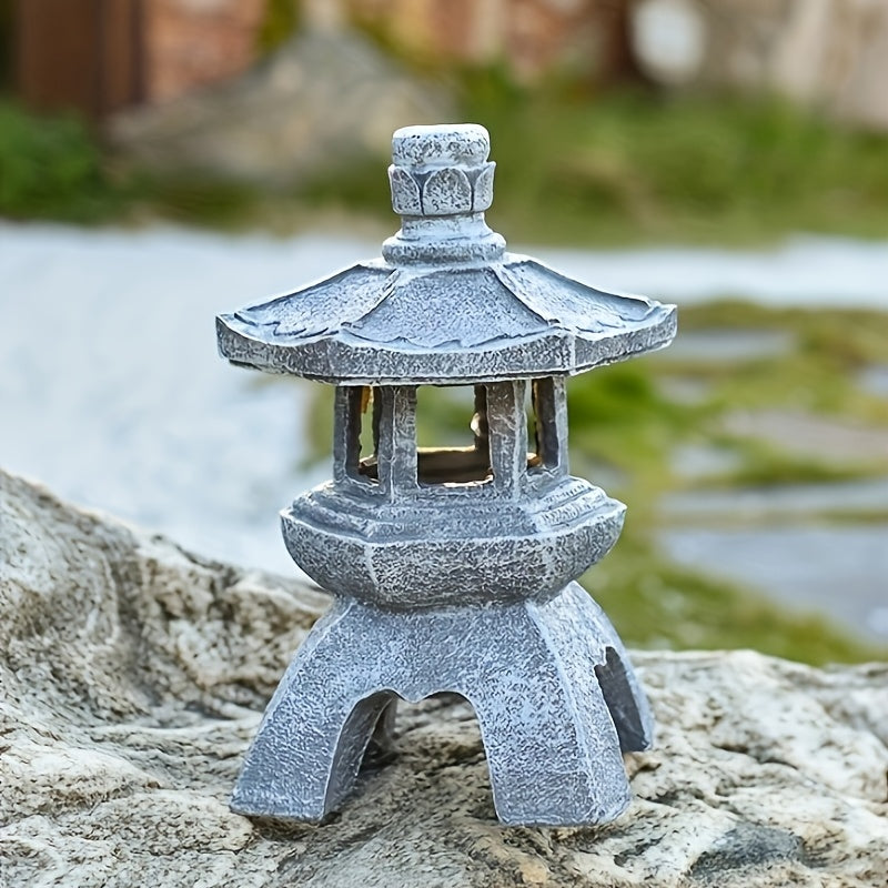 Garden Solar Glazed Pagoda Lamp Statue, Suitable for Indoor and Outdoor Use, Perfect for Adding a Touch of Zen Asian Style to Your Landscape, Balcony, Garden, Patio or Porch. Made of Polyester Resin with Grey Stone Base