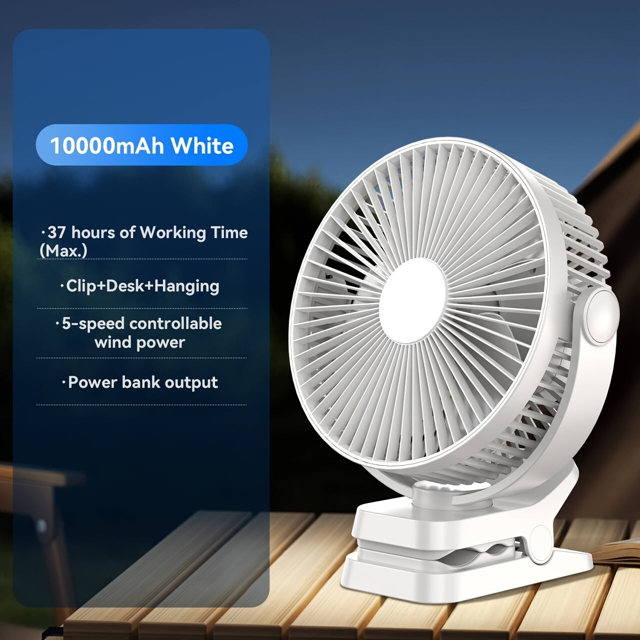 8 Inch Portable Clamp Desk Fan, 10000mAh Battery Up to 37H Working Time, USB Rechargeable Quiet Strong Airflow Fan with Digital Display, 5 Speed Levels, Durable Clamp Fan with Power Bank Output