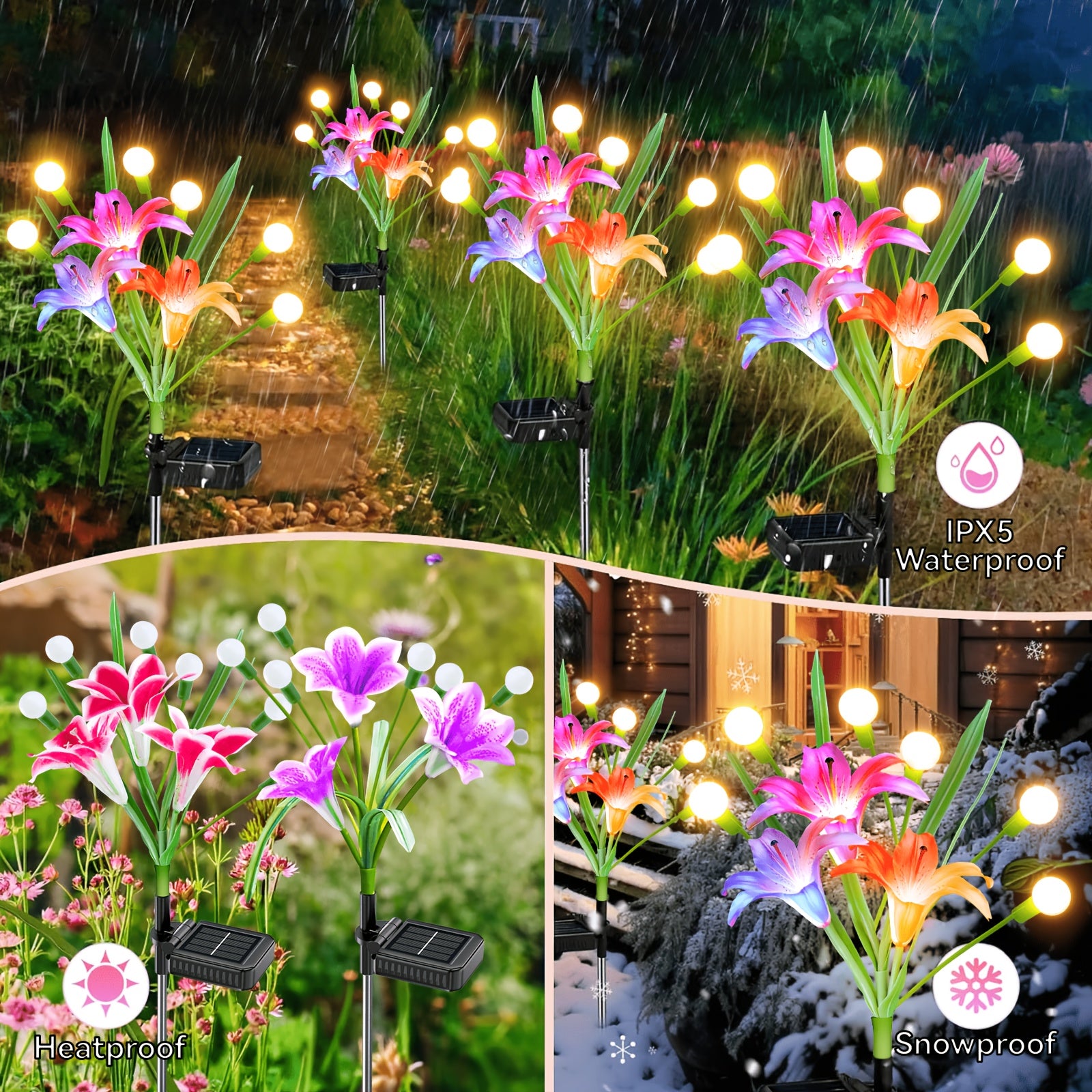 8/4 Pack Solar Garden Light Set - New Upgraded Outdoor Solar Light, 7-Color Changing Lily Light, Perfect for Courtyard, Includes 12 Realistic Lilies & 24 Firefly Lights, Garden Decoration, More Realistic Lily Flower - Birthday & Holiday Gift