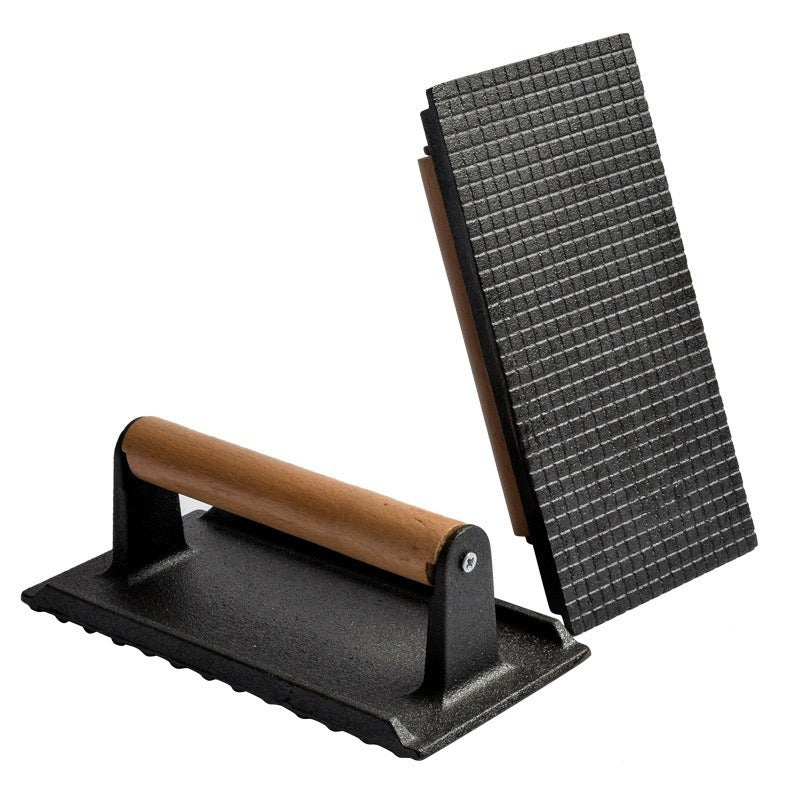 Cast Iron Meat Press Plate, Rectangular Round Striped Grid Grill Press for Steak and Barbecue, Uncoated with Beech Wood Handle