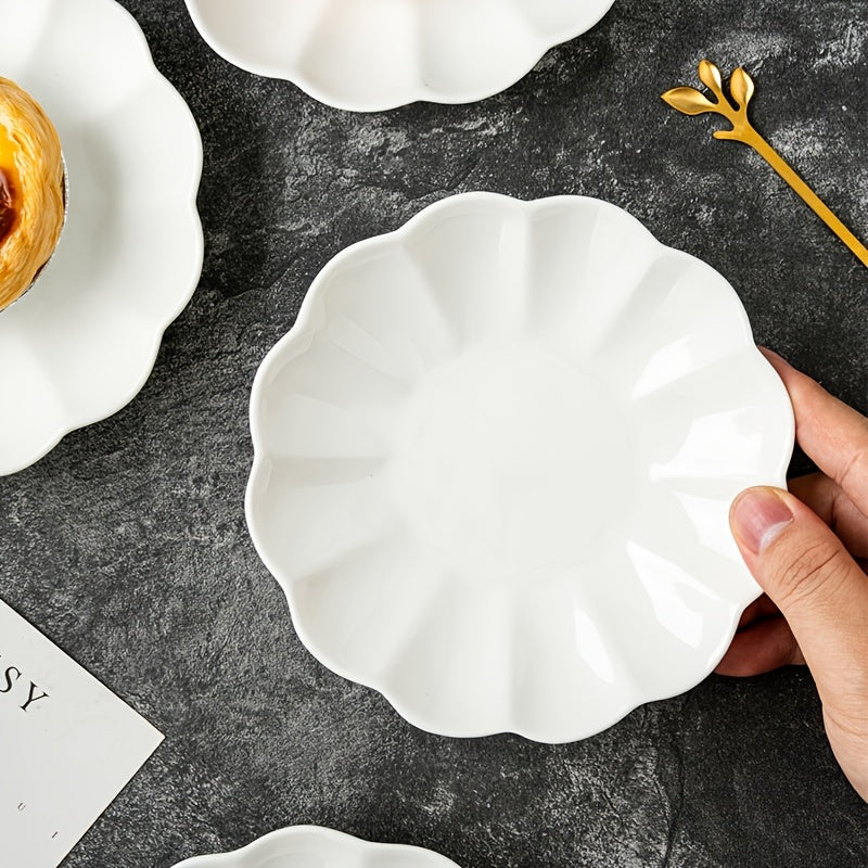 Set of 4, Ceramic Orchid-Shaped Design 6-Inch Plates in White / Pink / Off-White / Light Blue, Perfect for Soy Sauce, Vinegar, Hot Pot Dip, etc. – Exquisite Small Seasoning Dish, Heat-Resistant