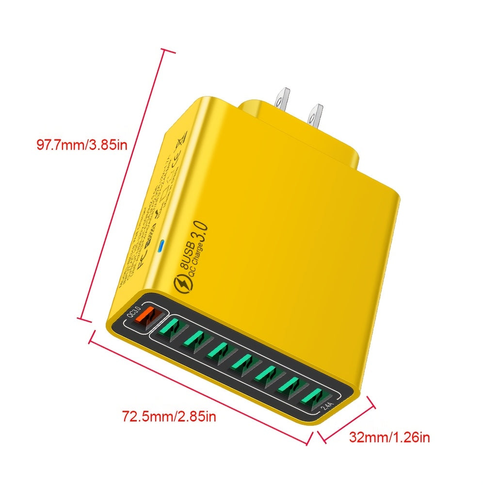 8-Port USB Charger with Quick Charge Fast Charging US Plug, 3-Phase AC Charging for Mobile Phones, Tablets, And Smartphones. Compact Design, Efficient Charger for Devices, Modern Charging Technology, Versatile Wall Charger