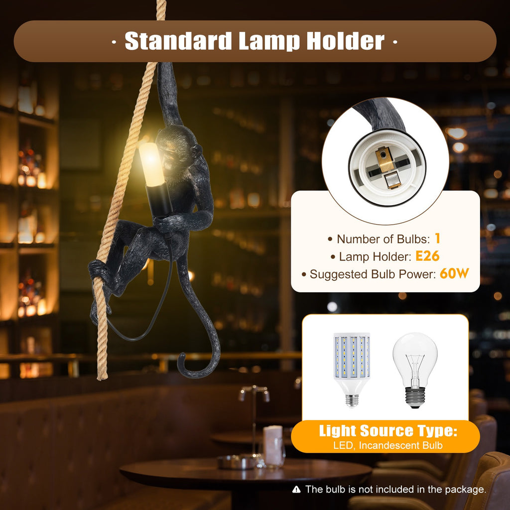 Lightweight Hanging Decor, Monkey Pendant Light, Vintage Resin Monkey-Shaped Pendant Light, Creative Jute Rope Hanging Fixture, Suitable for Dining Room, Living Room, Bar, Cafe
