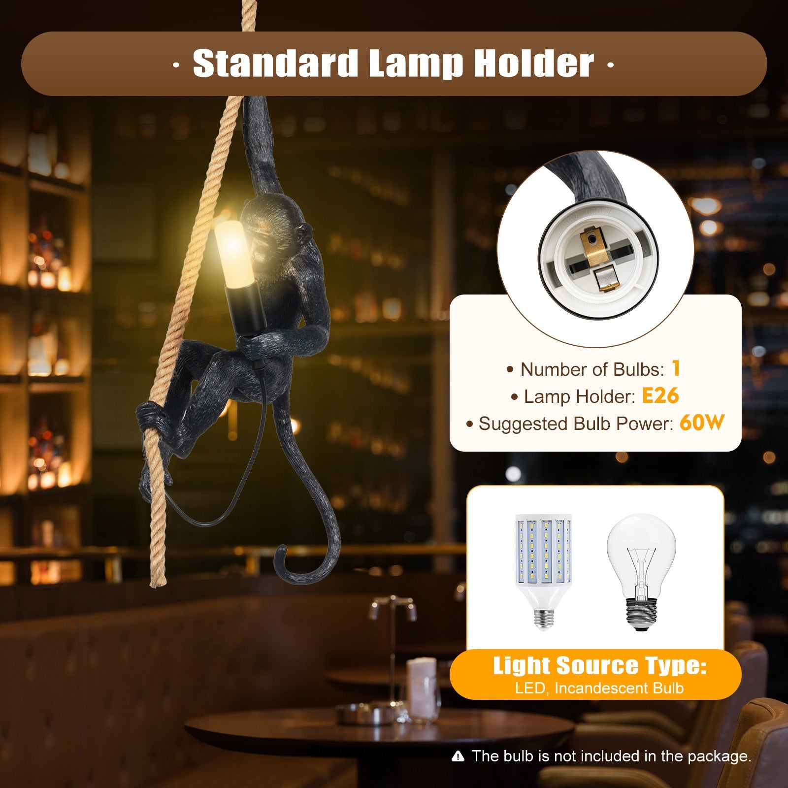 Lightweight Hanging Decor, Monkey Pendant Light, Vintage Resin Monkey-Shaped Pendant Light, Creative Jute Rope Hanging Fixture, Suitable for Dining Room, Living Room, Bar, Cafe