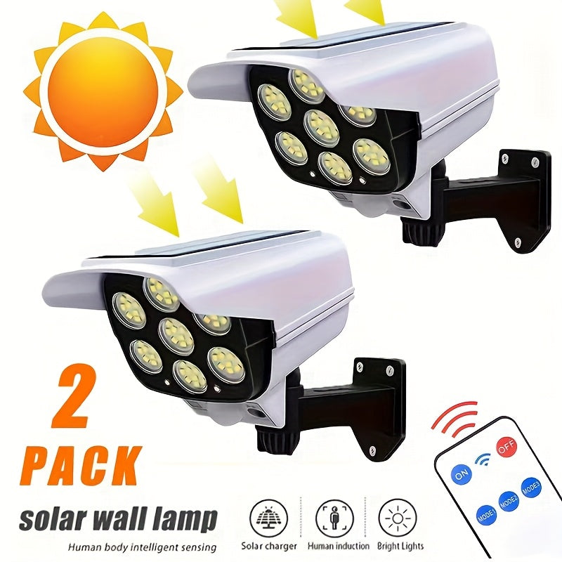 2Pcs Solar Outdoor Motion Sensor Spotlight, 77 LED High Bright Wireless Security Light, Fake Camera Design with Remote Control, Ideal for Hotel Porch Garden Patio Driveway Yard Garage Farm