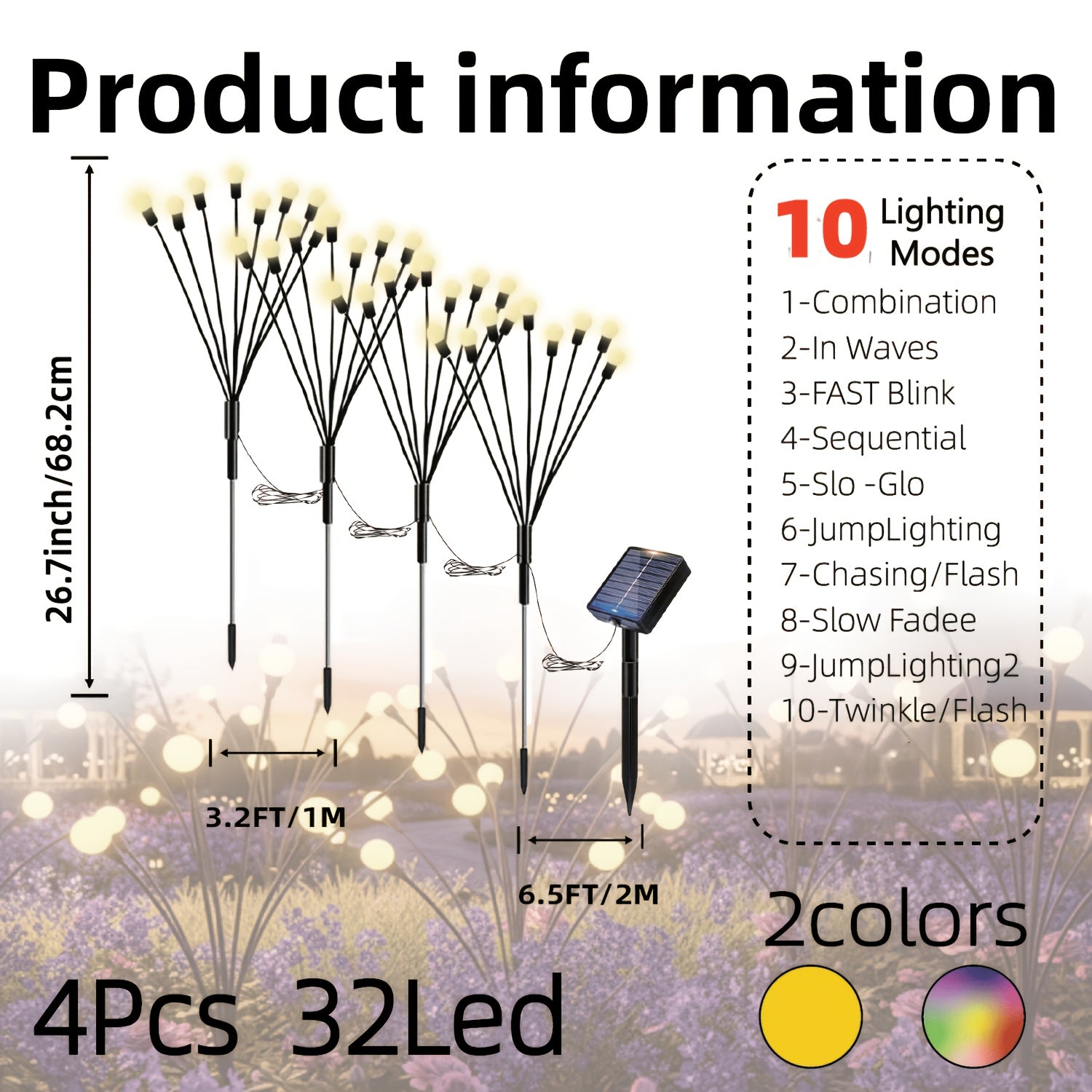4 Pack Solar Outdoor Lawn Light, 32 LED Twinkling Firefly String Light, Upgraded 12 Twinkling Modes, Perfect for Garden, Courtyard, Lawn, Pathway, Wedding, Party, Easter and Festival Decoration