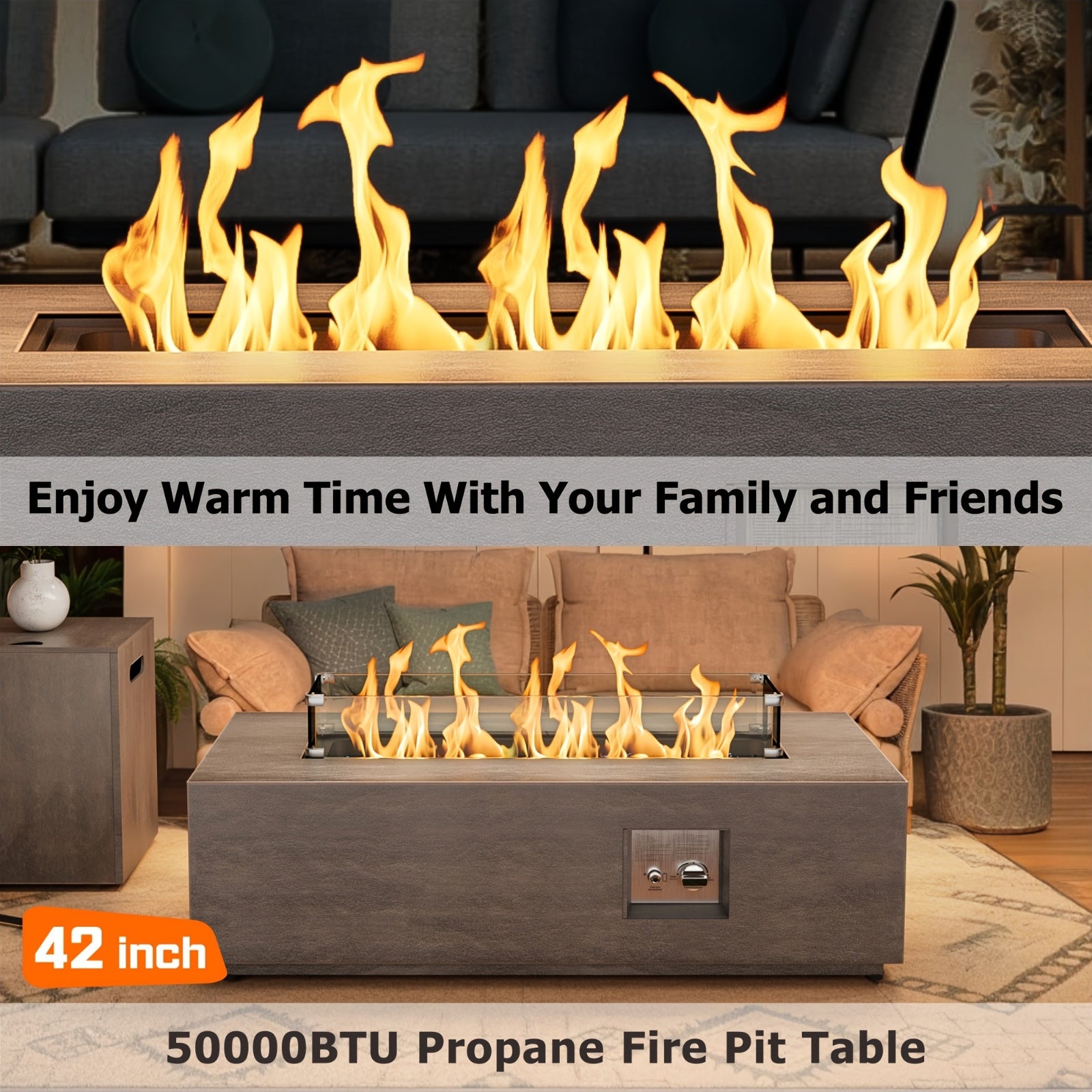 42-Inch Propane Fire Pit, 50,000 BTU Fire Pit Table, Outdoor Patio Rectangular Propane Fire Pit, Smokeless Heating Table