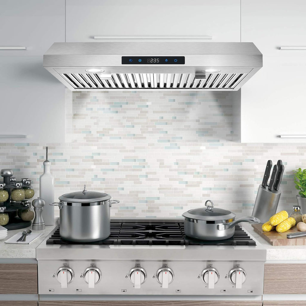 30-Inch Under-Cabinet Range Hood, 3-Way Exhaust, Silver Stainless Steel Construction with Baffle Filter, Kitchen Ventilator, Under-Cabinet Design, 3-Speed Exhaust Fan, Touch Control