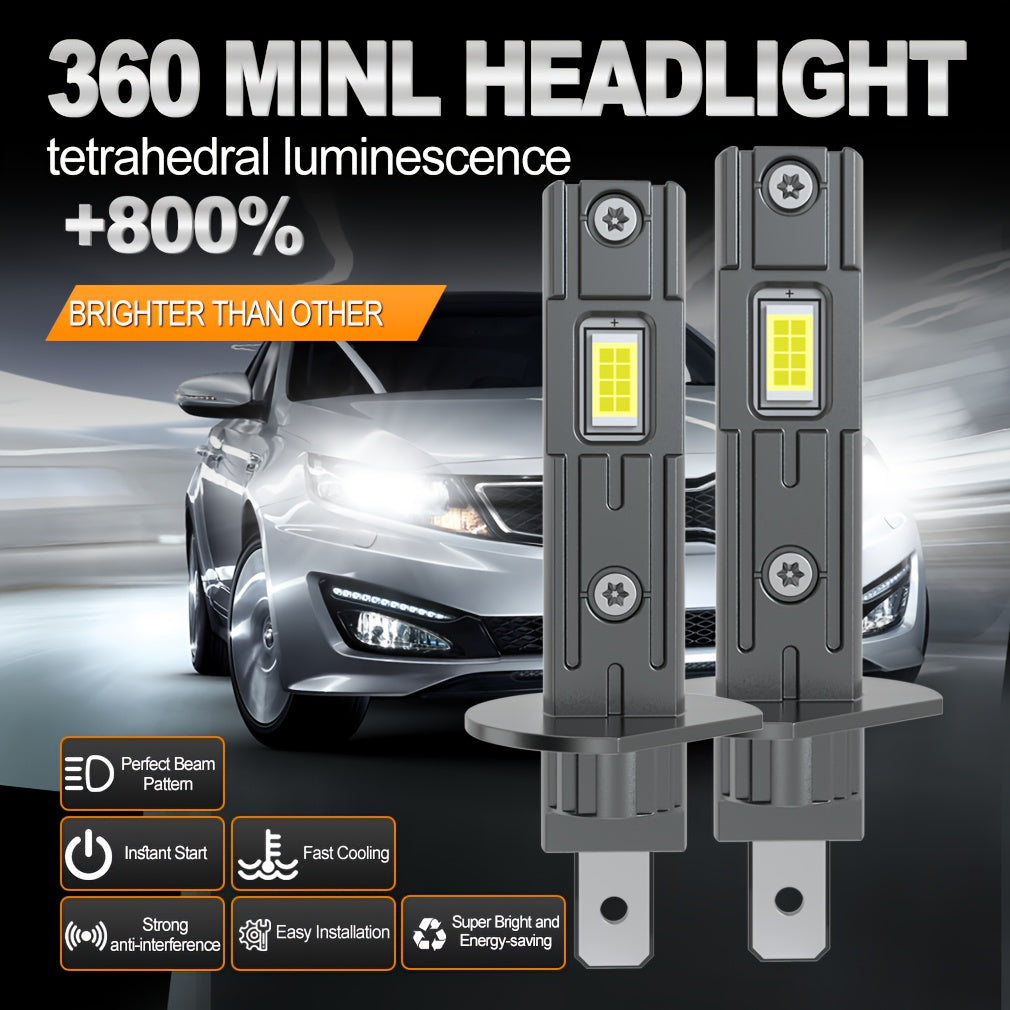 2 High Power H1 LED Car Lights - Super Bright 6500K, Plug-and-Play, Anti-Fog DRL Bulbs, for Headlights & Turn Signals, 12V, No Battery Needed, Mini Size, Direct Plug-in LED Bulbs, Vehicle Lighting Upgrade | Modern Car Accessories