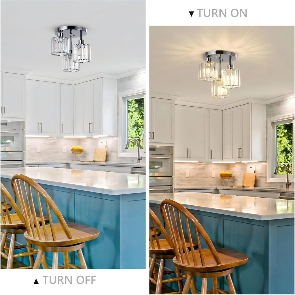 Modern Semi-Flush Mount Ceiling Light, Crystal 3-Head Kitchen Light, Hallway Pendant Light, Indoor Flush Mount Light, Suitable for Bedroom, Foyer, Entryway, Kitchen