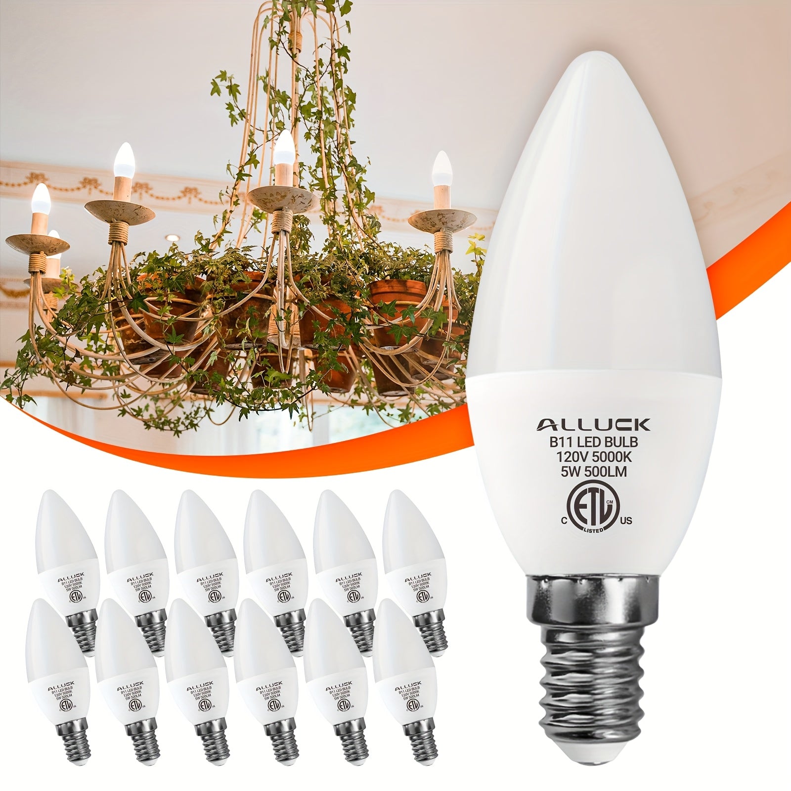 ALLU, 12-pack, B11/C37 LED candelabra bulb 5W 500 lumens (50W equivalent), E12 base, CRI 85+, 3000K/5000K/6500K color temperature, AC110-130V non-dimmable, suitable for home, bar, restaurant and hotel decoration