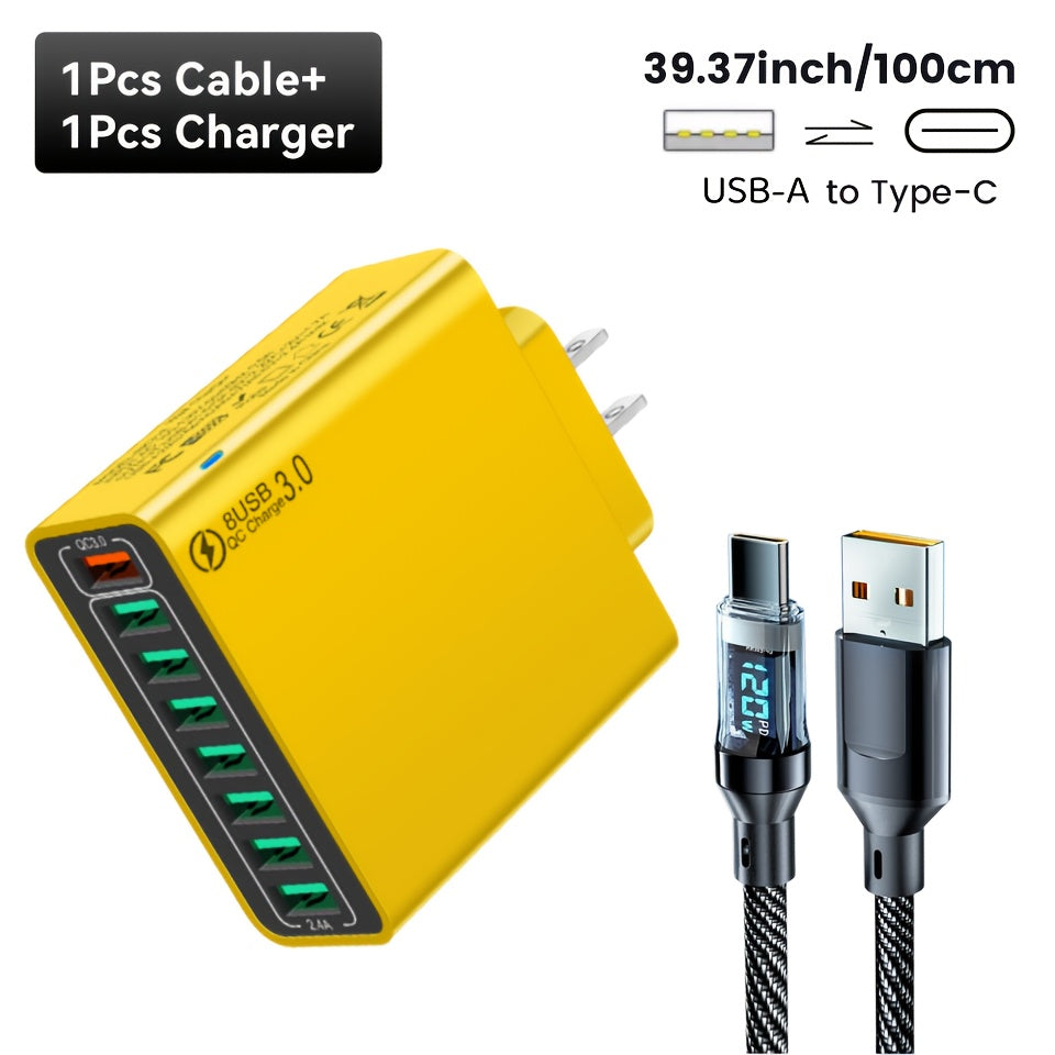 8-Port USB Charger with Quick Charge Fast Charging US Plug, 3-Phase AC Charging for Mobile Phones, Tablets, And Smartphones. Compact Design, Efficient Charger for Devices, Modern Charging Technology, Versatile Wall Charger