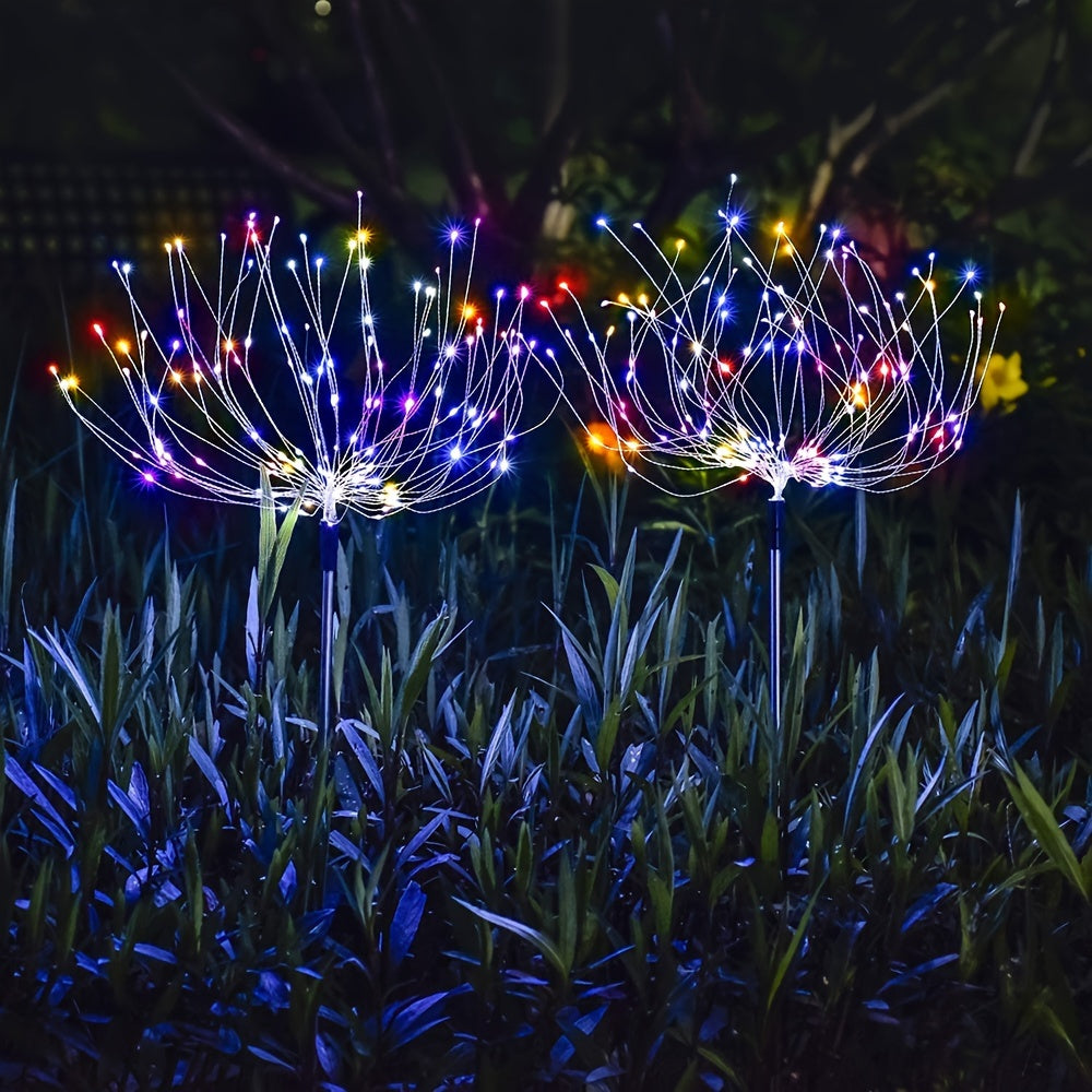 2个太阳能花园烟火灯 - 90颗LED，智能光感自动亮度调节，适合庭院、后院及小径装饰