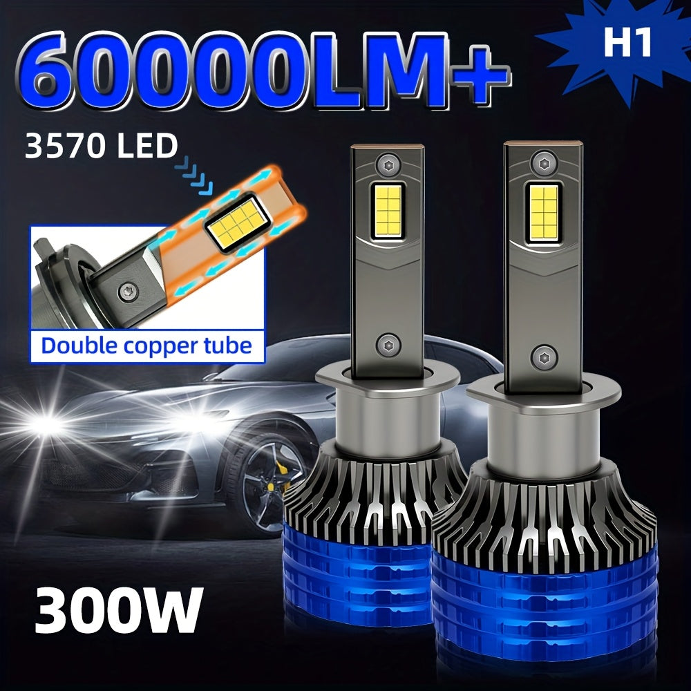 2个H4 H7汽车LED大灯，300W高功率60000流明，兼容Canbus及多种车型，包括H1、H11、H8、H9、HB3、9005、HB4、9006，12V 24V，配备6000K涡轮灯，适用于车辆，不含电池