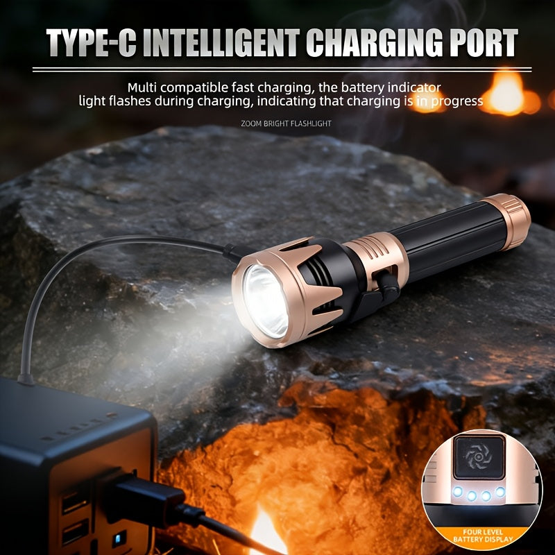 All-Aluminum Flashlight, Includes Small Storage Pouch, Equipped with Durable 5000mAh Battery, Zoomable Lens, Fresnel Lens Ignition Function, A Great Gift Idea. Features a Hands-Free Lanyard Design