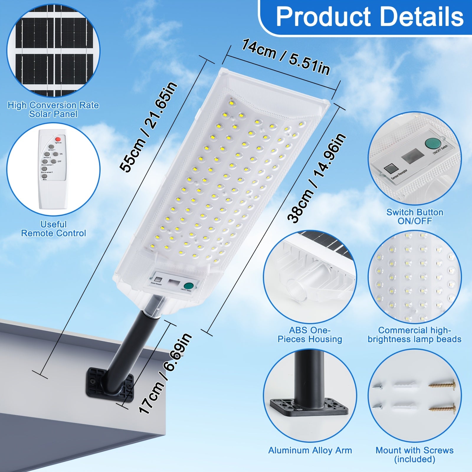 Solar Street Light Outdoor Waterproof Solar Floodlight Dusk-to-Dawn Parking Lot Light Remote Control Area Lighting Courtyard Light