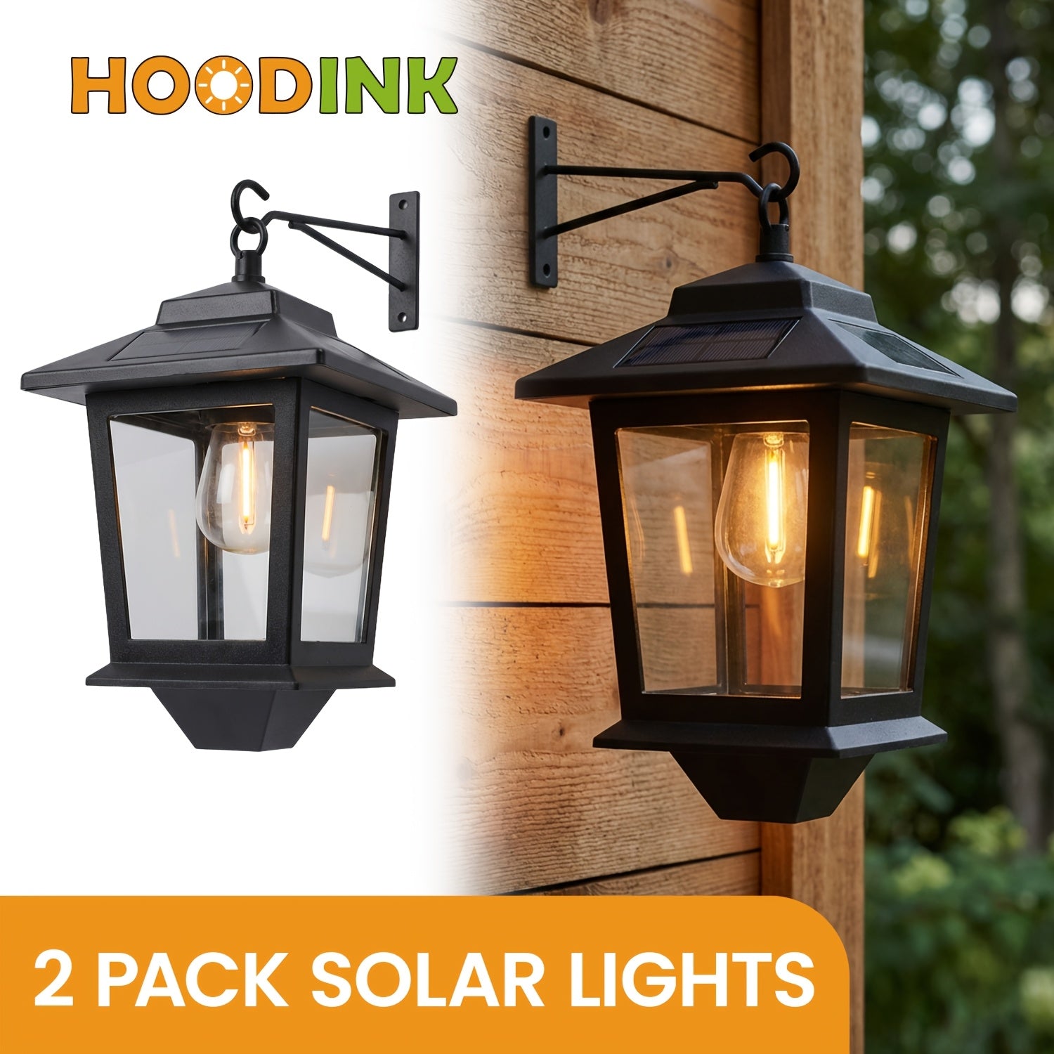2 Pack Solar Wall Light Set, Designed for Outdoor Use, Equipped with 4 Solar Panels, LED Light Runs from Dusk to Dawn, Rustproof and Waterproof, Hooks Included