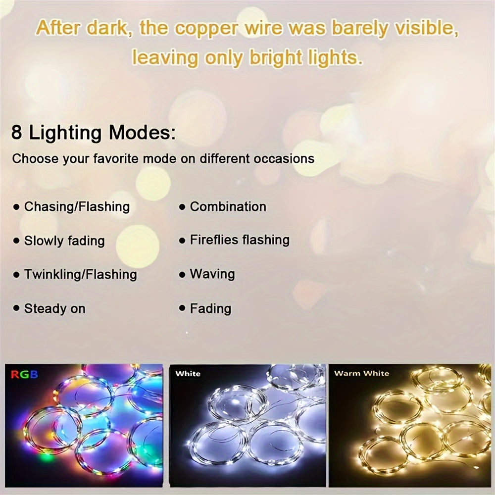 1件，100/200/300 LED太阳能户外窗帘串灯，8种照明模式铜线童话灯，圣诞装饰灯，非常适合婚礼派对，阳台，露台，花园装饰（多色/暖白色/白色）
