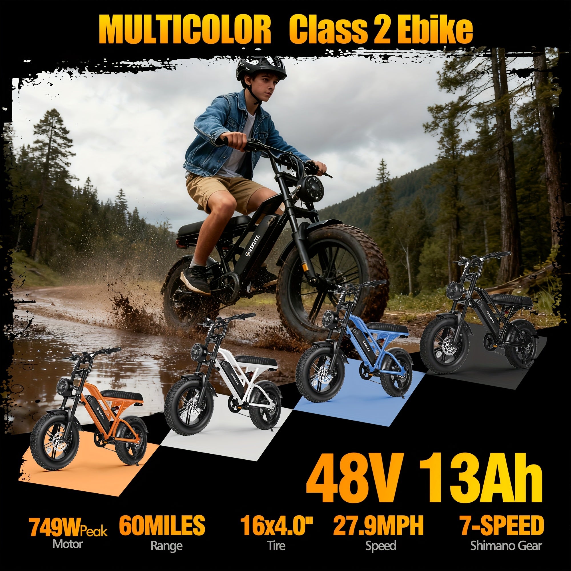 ESKUTE V100 成人电动自行车 | 749W 额定功率电机，27.9MPH 最高速度，最大行驶距离达 60 英里，16 英寸大轮，48V 13Ah 电池，7 速，全地形双悬挂，都市风格
