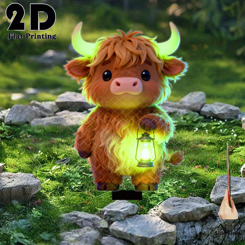 2D Flat 1 Piece Cute Highland Cow Holding Glow Light Garden Decoration Ground Insert, Outdoor Courtyard Garden Lawn Decorative Ornament, Garden and Flower Bed Decorative Stake, Perfect for Courtyard, Lawn, Bonsai - Festival Decoration