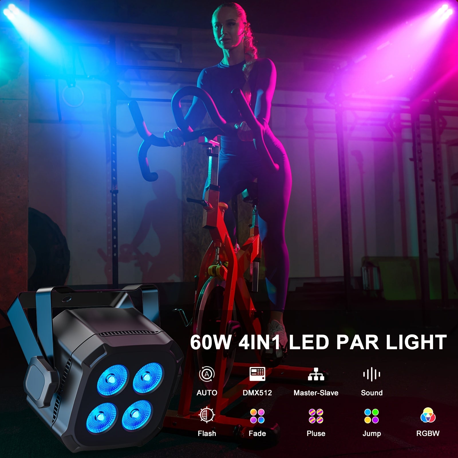 Mini stage light, available in 1, 2 or 4-pack, equipped with four 15W LED Par lights. These lightweight RGBW 4-in-1 LED stage lights feature DMX512 and sound-activated functions, suitable for home use, parties, performances and events.