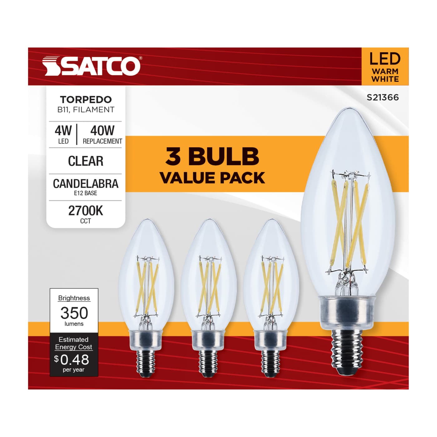 Satco S21366 4W B11 clear LED bulb, 2700K, candelabra base, 3-pack