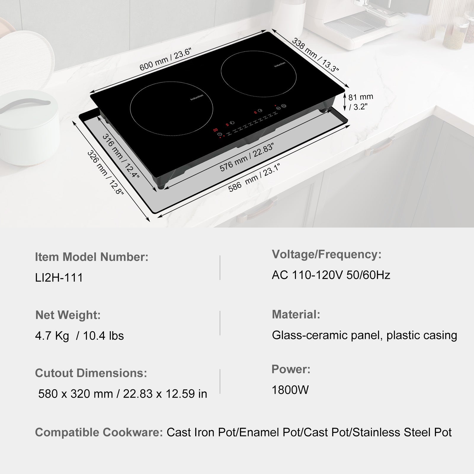 VEVOR Induction Cooktop, 2 Burners, 24-Inch Induction Stove, Built-In Magnetic Stove, 1800W, 9-Level Multi-Function Burner, LED Touch Screen, with Child Lock & Over-Temperature Protection