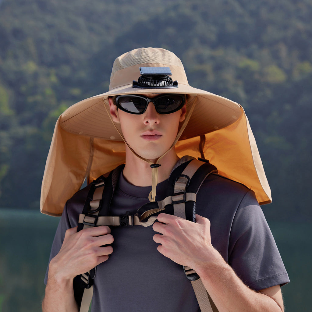 Men's Solar Cooling Hat - Wide Brim UPF Sun Protection Hat, Lightweight Beige/Orange Outdoor Travel Camping Hat with Lanyard, Hands-Free, Hiking Gear, Fashion Headwear, Comfortable Fit