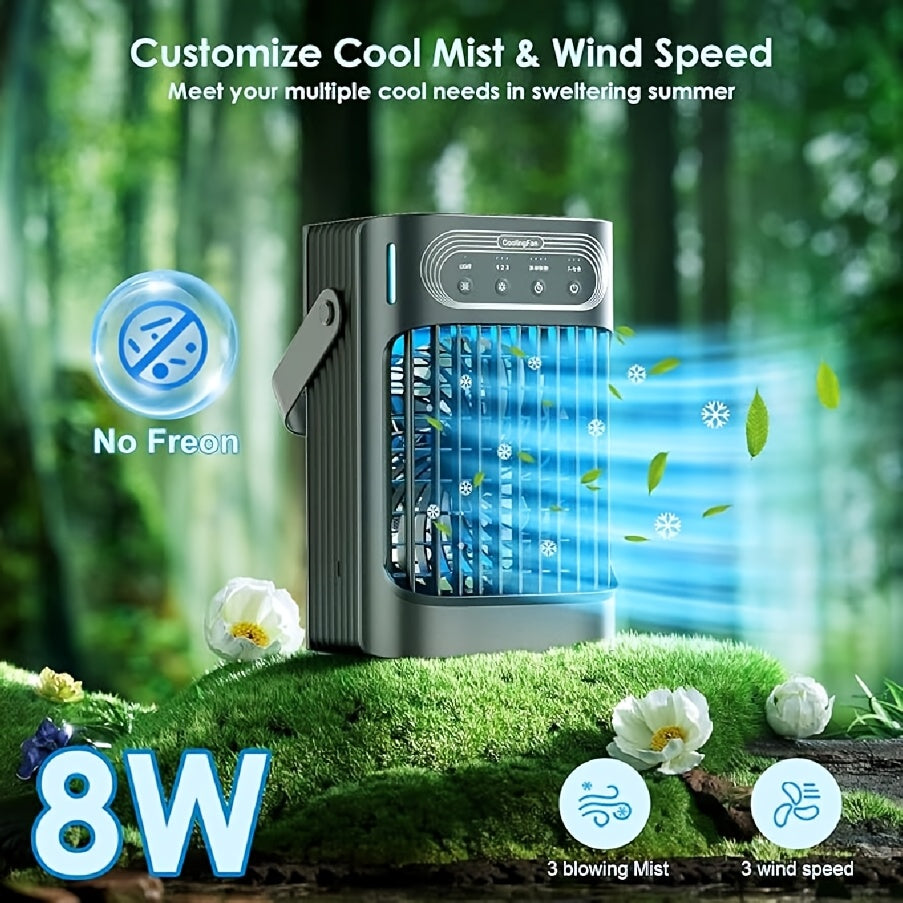 Upgraded 10W Portable Cooling Fan & Evaporative Air Cooler, 3-in-1 Function, 3 Wind Speeds, 7 LED Lights, 3 Cooling Mist Modes, 2–8 Hours Timer, Personal Mini Compact Air Conditioner